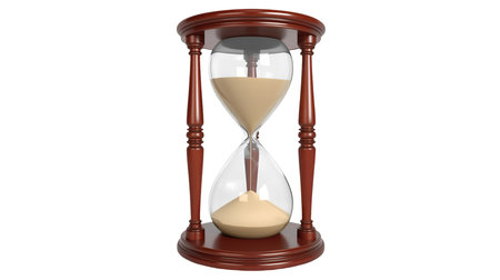 A traditional wooden hourglass with a rich, dark red wooden frame. The clear glass globes hold light...