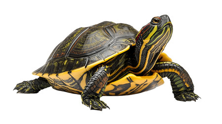 This image features a red-eared slider turtle captured in a studio setting against a black backdrop....