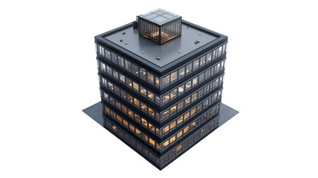 A modern glass office building stands against a dark background. The building features a sleek,...