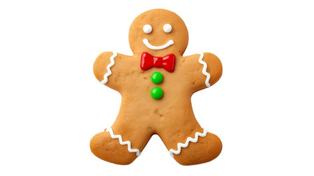 Cookie showing gingerbread man cookie with red bow tie. High resolution image suitable for...