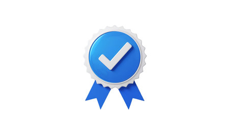 A circular blue badge with a serrated white edge is prominently displayed. Inside the blue circle, a white checkmark is clearly visible. Two blue ribbons extend downwards from the bottom of the badge, giving it the appearance of an award or seal of approval. The image is a 3D render on a black background.の写真素材