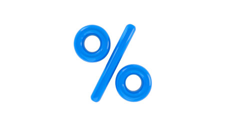A glossy, three-dimensional blue percentage symbol rendered against a stark black background. The symbol is composed of smooth, rounded tubes, with the two circles of the percent sign appearing slightly inflated and the diagonal line having a rounded edge. The lighting creates subtle highlights and shadows, giving the symbol a volumetric appearance.の写真素材