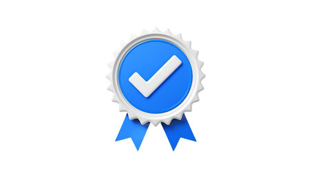 A 3D render of a blue circular badge with a serrated white border. A white check mark is prominently displayed in the center of the blue circle. Two blue ribbons extend downwards from the bottom of the badge. The image is presented on a black background.の写真素材