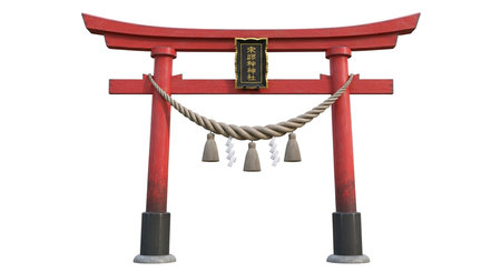 Torii gate showing red Japanese torii gate with rope and paper. High resolution image with transparent background support.の写真素材