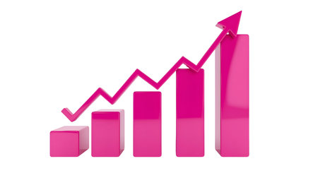 A 3D rendered bar graph with five ascending pink bars. A jagged pink arrow originates from the first bar and trends upward, pointing towards the top right corner, indicating growth and positive progress. The background is solid black.の写真素材