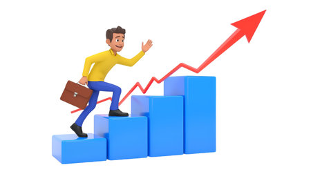 A 3D cartoon illustration of a man in a yellow shirt and blue pants, carrying a briefcase, climbing a series of blue steps. A vibrant red arrow, forming a rising graph line, ascends behind him. The background is black.の写真素材