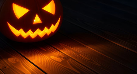 Halloween pumpkin on wooden background with copy space. Jack o lanternの写真素材