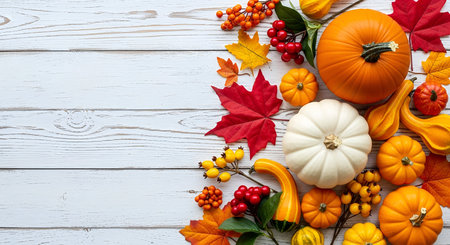 A rustic arrangement of various autumn harvest items, including pumpkins, gourds, berries, and...
