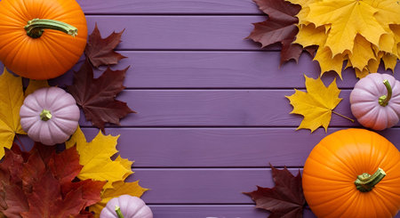 An overhead view of a purple wooden surface decorated with various sizes of pumpkins and colorful...