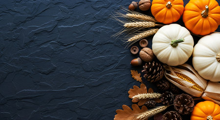 An overhead view of an autumn harvest arrangement on a dark, textured surface. The composition features small orange and white pumpkins, dried corn on the cob, wheat stalks, pine cones, acorns, walnuts, and dried oak leaves. The arrangement is placed on the right side of the frame, leaving ample negative space on the left.の写真素材