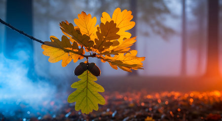 A close-up view of an oak branch adorned with vibrant golden and green leaves, along with two...