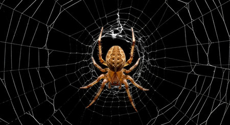 A detailed macro shot of a brown spider positioned in the center of its intricate white web. The...