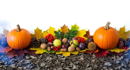 An assortment of autumn harvest items is arranged on a bed of dry leaves and colorful foliage. Two...