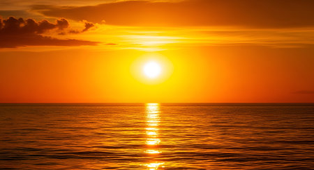 Reflective showing bright sun setting over reflective ocean surface. High resolution image. Clear details and vibrant colors enhance visual appeal.の写真素材