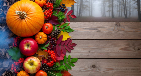 A vibrant border of autumn harvest elements, including pumpkins, red apples, berries, pinecones, and...