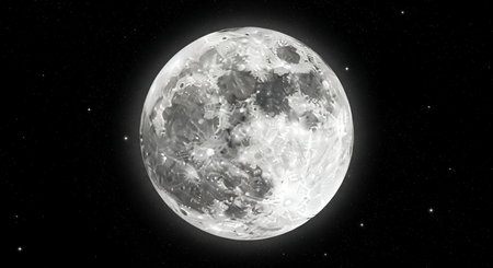 A detailed view of a full moon against a black night sky filled with small, distant stars. The...