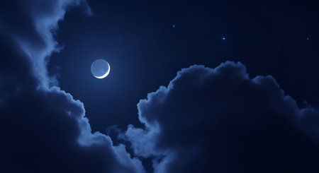 A dark night sky featuring a bright crescent moon partially obscured by soft, dark clouds. A few...