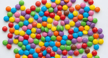 A top-down view of numerous small, round, candy-coated chocolate candies scattered across a white...