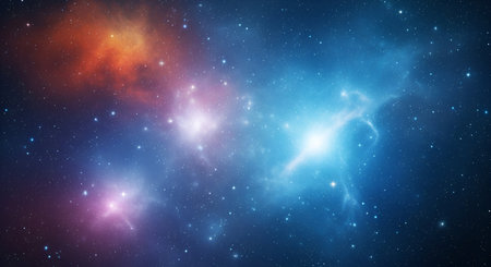 A vibrant and colorful depiction of a nebula in deep space. Swirls of blue, purple, and orange...
