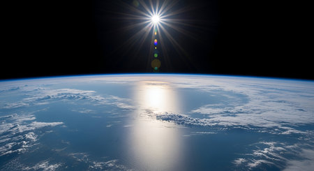 A view of planet Earth from space, showing the curvature of the planet with clouds and ocean...