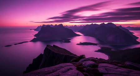 A breathtaking mountain landscape bathed in the dramatic hues of a purple and pink sunset. Jagged...