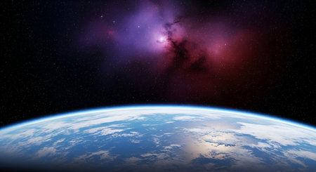 A view of planet Earth from space, showing its curved horizon and swirling blue and white clouds....