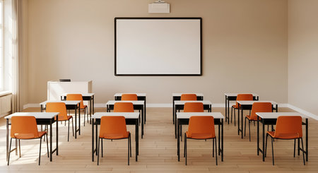 An empty classroom interior featuring rows of identical desks and orange chairs arranged neatly on a polished wooden floor. A large, blank whiteboard is mounted on the wall above a teacher's desk, with a projector visible on the ceiling.の写真素材