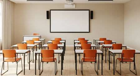 An empty classroom interior with rows of desks and orange chairs facing a large whiteboard. A projector is mounted on the ceiling above the whiteboard, and speakers are positioned on either side. The room has light-colored walls and a wooden floor, with a window on the left side.の写真素材