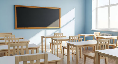An empty classroom is depicted with rows of wooden desks and chairs neatly arranged. A large, dark blackboard hangs on a light blue wall, with sunlight streaming through a window, casting diagonal shadows across the room and the floor. The space appears clean and ready for students.の写真素材