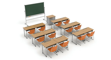 An overhead view of an empty classroom arranged with rows of wooden desks and bright orange chairs. A green blackboard on a stand is positioned at the front of the room, alongside a small cabinet. The scene is set against a clean white background, highlighting the arrangement of the furniture for learning.の写真素材