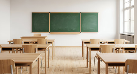 An empty classroom is depicted with rows of light-colored wooden desks and chairs neatly arranged on a polished wooden floor. A large, green chalkboard is mounted on the white wall at the front of the room, with a wooden ledge below. Natural light streams in from a large window on the right side of the room, illuminating the space. The scene conveys a sense of quiet anticipation and readiness for learning.の写真素材