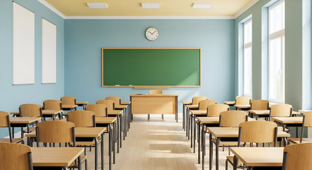 An empty classroom is depicted with rows of wooden desks and chairs facing a large green chalkboard. A teacher's desk is positioned at the front. Natural light streams in through tall windows on the right wall. A clock hangs above the chalkboard, and two blank white boards are on the left wall.の写真素材