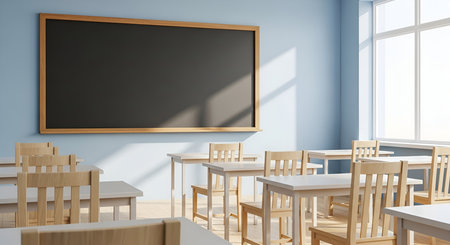 An empty classroom interior bathed in natural light streaming through large windows. Rows of simple wooden desks and chairs are neatly arranged. A large, dark blackboard with a wooden frame hangs on the light blue wall. The scene conveys a sense of quiet readiness for learning.の写真素材