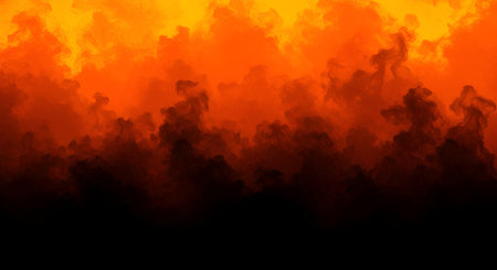 The upper portion of the image features swirling clouds of fiery orange and bright yellow,...