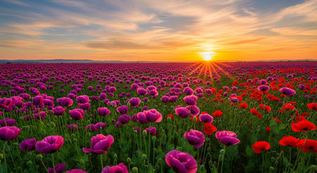 A vast field of vibrant purple and red poppies stretches to the horizon under a dramatic sunset sky....