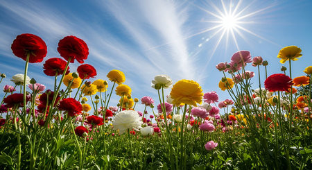 A low-angle view of a vibrant flower field bursting with colorful blooms including red, yellow, pink, and white flowers. The bright sun shines in a blue sky with wispy clouds, casting a warm glow over the scene. Green stems and leaves fill the foreground.の写真素材