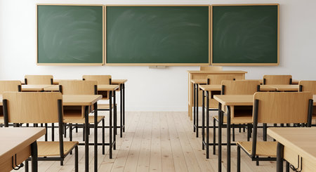 An empty classroom interior with rows of wooden desks and chairs facing three large green chalkboards mounted on a white wall. The floor is made of light-colored wooden planks. The scene conveys a sense of readiness for learning and education.の写真素材
