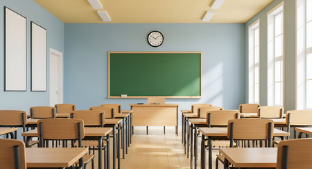 An empty classroom interior bathed in natural light streaming through large windows. Rows of wooden desks and chairs are neatly arranged, facing a green chalkboard at the front of the room. The scene depicts a quiet and ready space for learning.の写真素材
