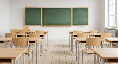 An empty classroom interior featuring rows of wooden desks and chairs arranged neatly. A large, green chalkboard is mounted on a white wall above a teacher's desk. Natural light streams in from a window on the right side of the room, illuminating the polished wooden floor.の写真素材