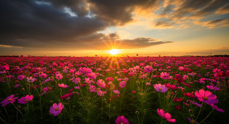 A vast field of vibrant pink and purple cosmos flowers stretches to the horizon under a dramatic...