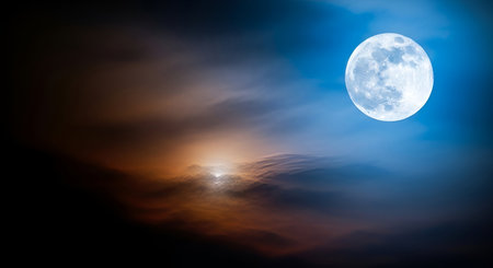 A striking image of a full moon, brightly illuminated and appearing to rise through a dramatic and...