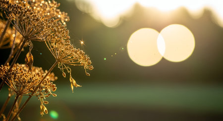 A close-up shot of delicate, golden seed heads illuminated by the warm glow of golden hour sunlight. The background is softly blurred with beautiful bokeh circles and lens flares, creating an ethereal and dreamy atmosphere. The image focuses on the intricate details of the plant and the magical quality of the light.の写真素材