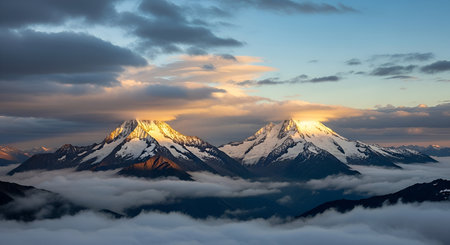 Two majestic snow-capped mountain peaks rise dramatically above a sea of soft clouds. The setting...