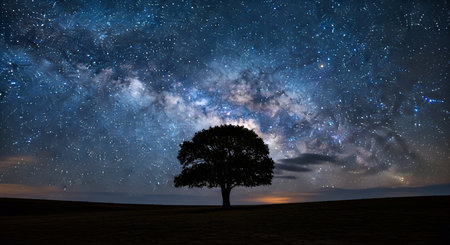 Lone showing lone tree silhouetted against the milky way galaxy. High resolution image suitable for...