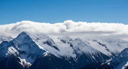 A breathtaking view of a majestic snow-capped mountain range under a bright blue sky partially...