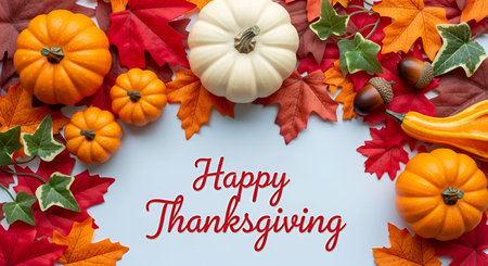 A festive arrangement of autumn harvest elements including orange and white pumpkins, a striped...