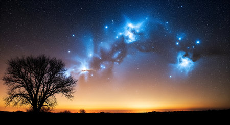A solitary, bare tree stands in silhouette against a breathtaking night sky. Countless stars...