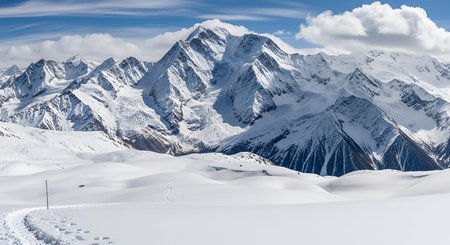 A vast, snow-covered mountain range dominates the landscape under a bright blue sky with scattered...