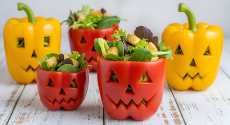 A collection of carved bell peppers in the shape of jack-o'-lanterns, filled with fresh green salad...