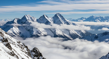 A breathtaking view of jagged, snow-covered mountain peaks piercing through a sea of soft white clouds. The sunlight illuminates the snowy slopes and rocky outcrops, creating a dramatic and awe-inspiring landscape.の写真素材